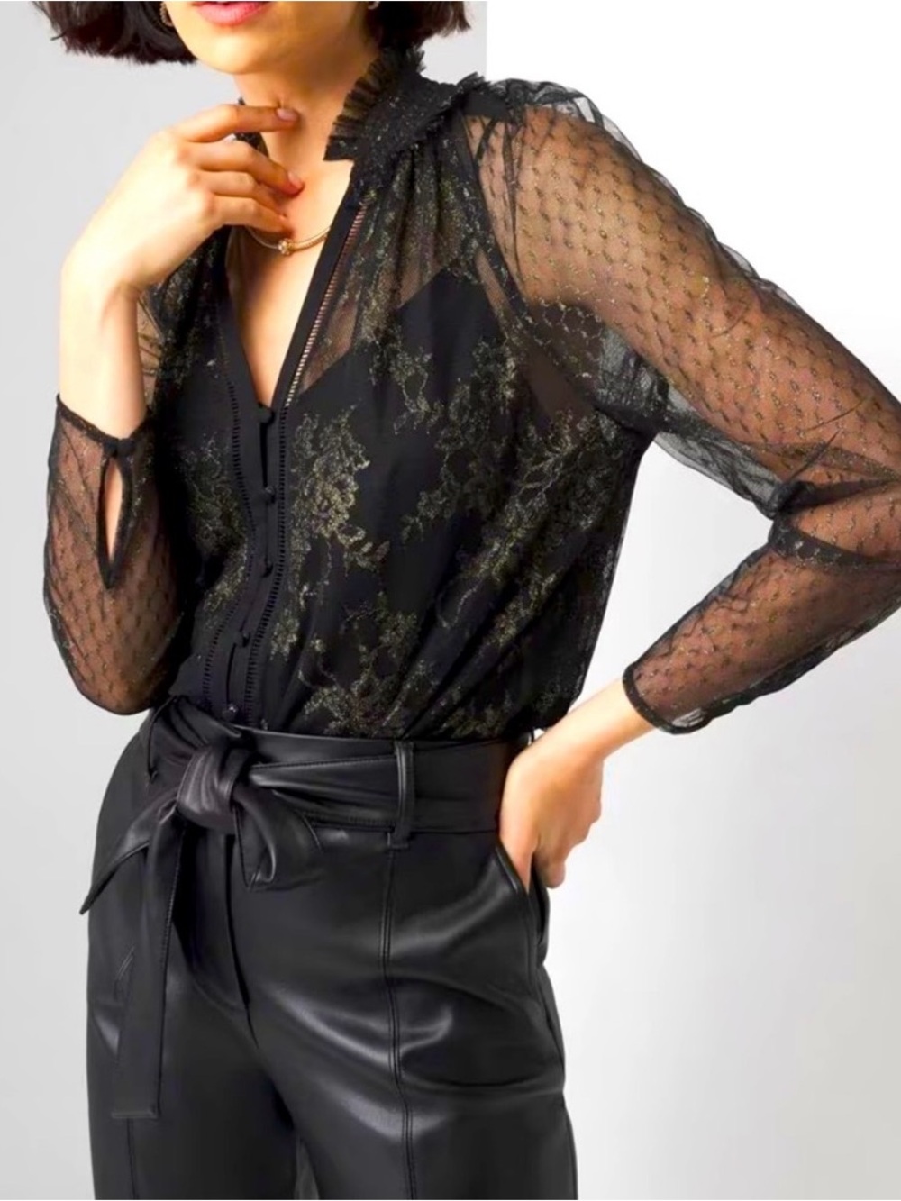 White House Black Market Black Lace Button-Up Blouse